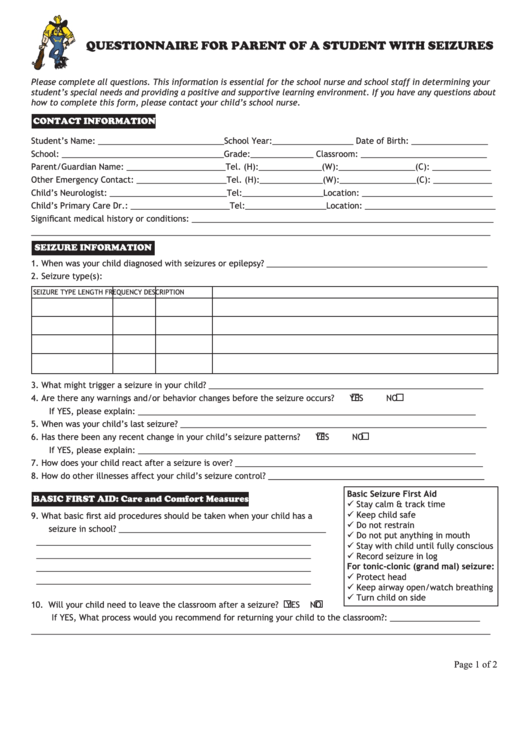 Questionnaire For Parent Of A Student With Seizures Printable pdf