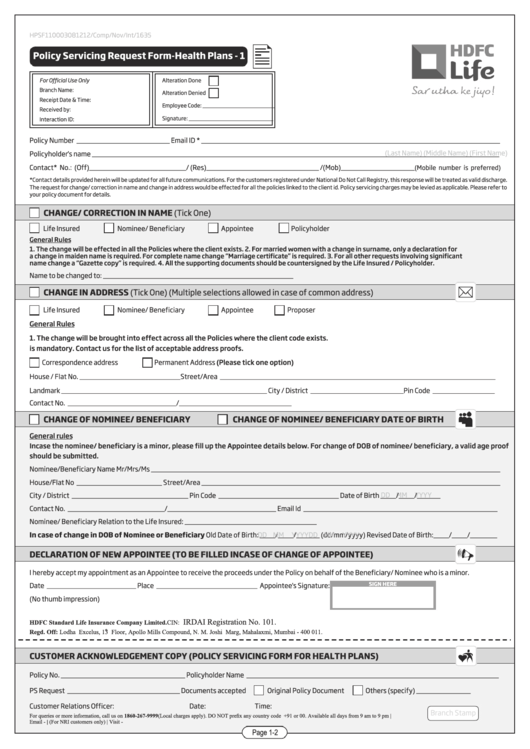 Policy Servicing Request Form - Health Plans-1 Printable pdf