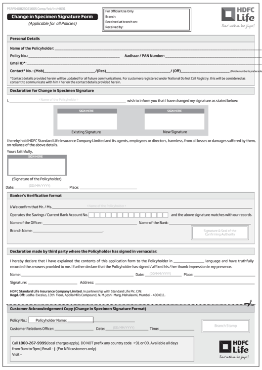 Change In Specimen Signature Form Printable pdf