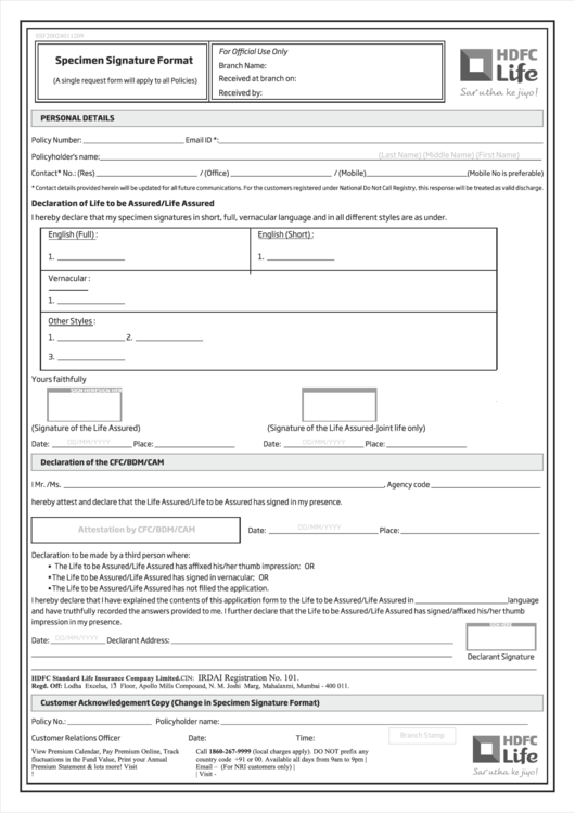 Life Insurance Signature Specimen Form Printable pdf