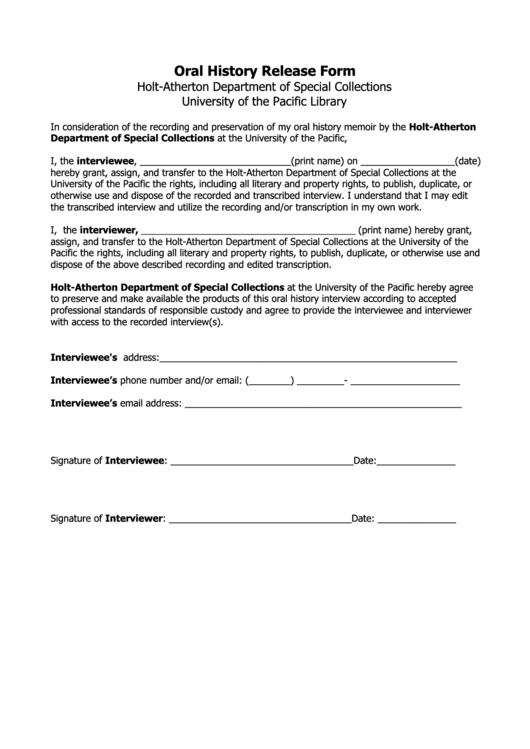 Oral History Release Form Printable pdf