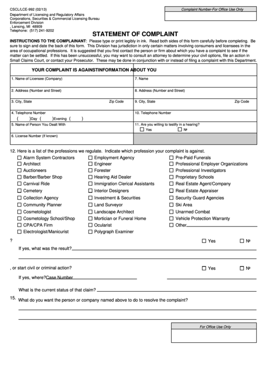 Form Cscl/lce-992 - Statement Of Complaint - Michigan Department Of Licensing And Regulatory Affairs Printable pdf