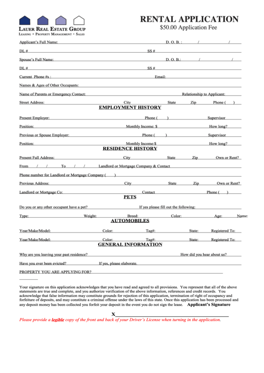 Rental Application Form Printable pdf