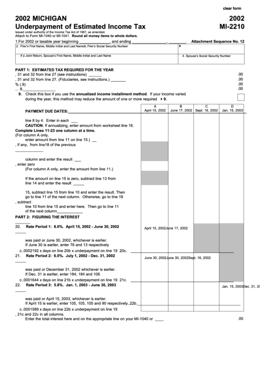 Fillable Form Mi-2210 - Michigan Underpayment Of Estimated Income Tax - 2002 Printable pdf