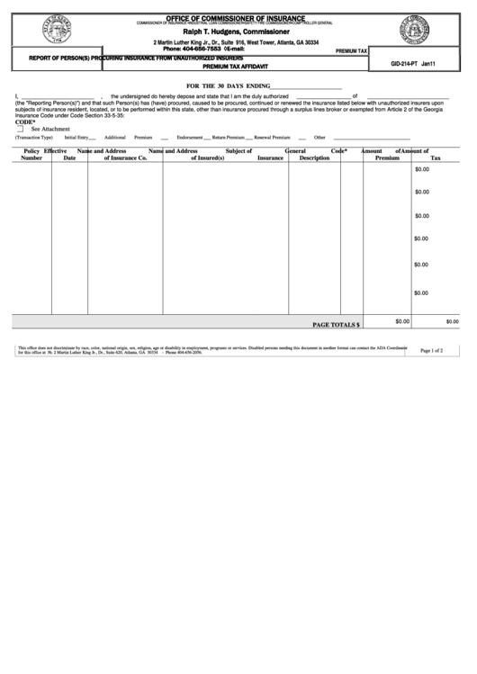 Fillable Form Gid-214-Pt - Report Of Person(S) Procuring Insurance From Unauthorized Insurers Premium Tax Affidavit - Georgia Insurance Department Printable pdf