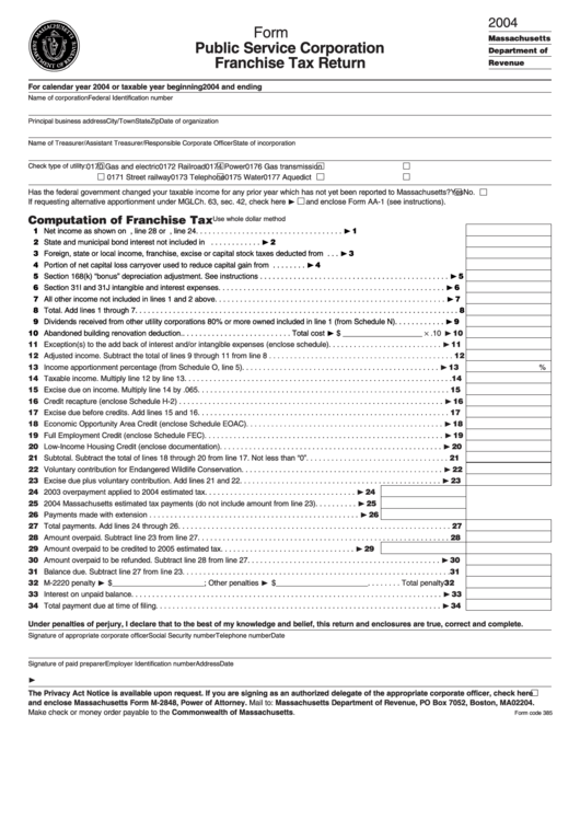 Form P.s.1 - Public Service Corporation Franchise Tax Return - Massachusetts Department Of Revenue - 2004 Printable pdf