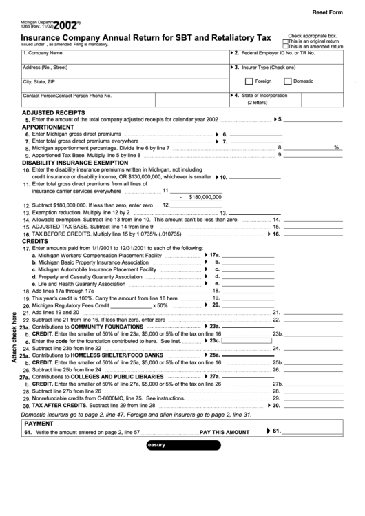Form 1366 - Insurance Company Annual Return For Sbt And Retaliatory Tax - 2002 Printable pdf