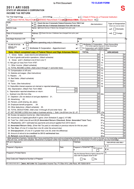 Fillable Form Ar1100s -state Of Arkansas S Corporation Income Tax 