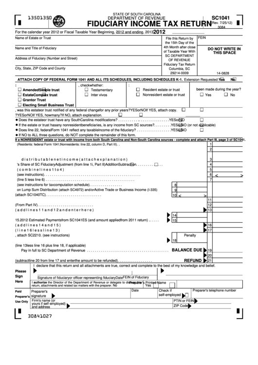 Form Sc1041 - Fiduciary Income Tax Return - 2012 Printable pdf