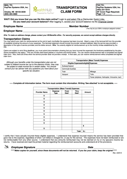 Fillable Transportation Claim Form Printable pdf