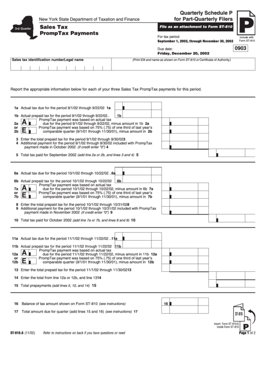 Fillable Form St-810.6 - Quarterly Schedule P For Part-Quarterly Filers - New York State Department Of Taxation And Finance Printable pdf