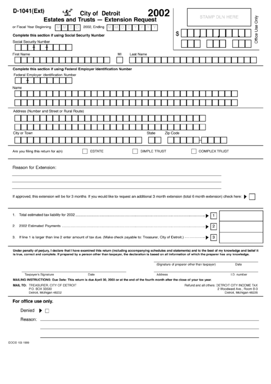 Form D-1041(Ext) - Estates And Trusts - Extension Request - City Of Detroit - 2002 Printable pdf