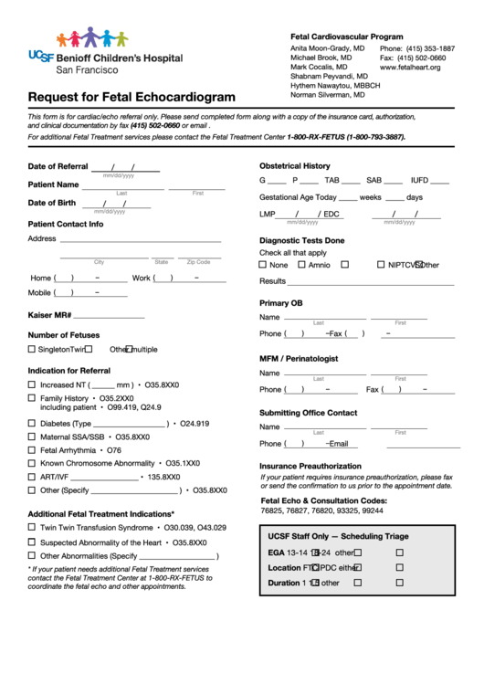 Request For Fetal Echocardiogram Printable pdf