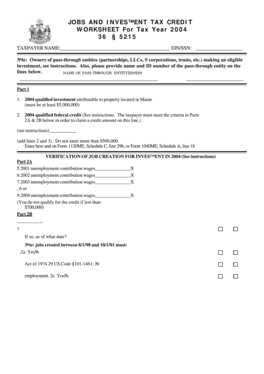 Jobs And Investment Tax Credit Worksheet For Tax Year 2004 Printable pdf