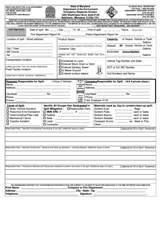 Spill Reporting Form - Maryland Department Of The Environment Printable pdf