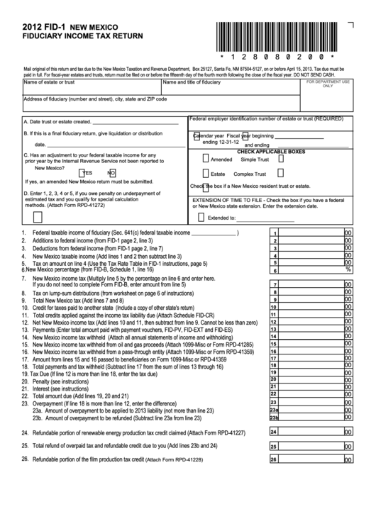 Form Fid-1 - New Mexico Fiduciary Income Tax Return - 2012 Printable pdf