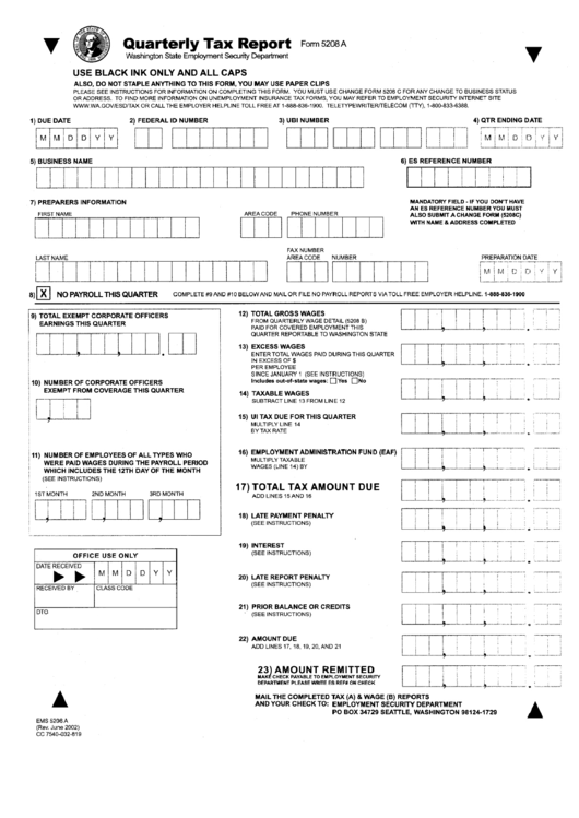 Form 5208a - Quarterly Tax Report - Washington State Employment Security Department Printable pdf