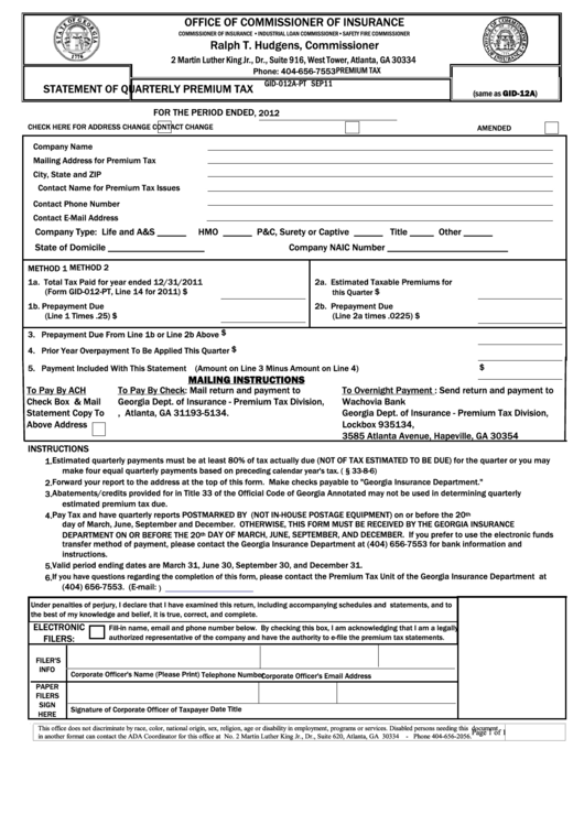 Form Gid-012a-Pt - Statement Of Quarterly Premium Tax - Georgia Insurance Department - 2012 Printable pdf