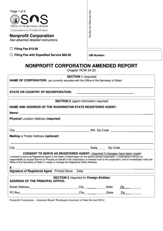 Fillable From Nonprofit Corporation Amended Report - Washington Secretary Of State - 2012 Printable pdf