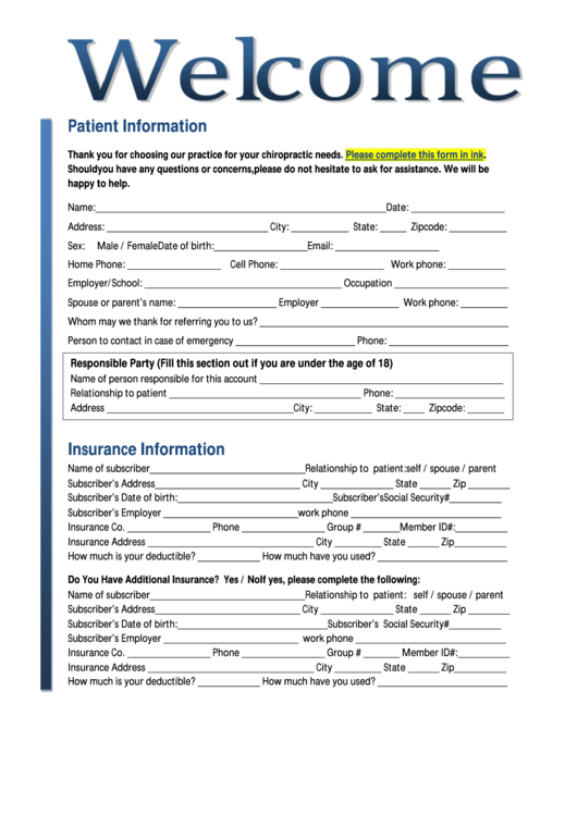 Chiropractic Enrollment Form Printable pdf