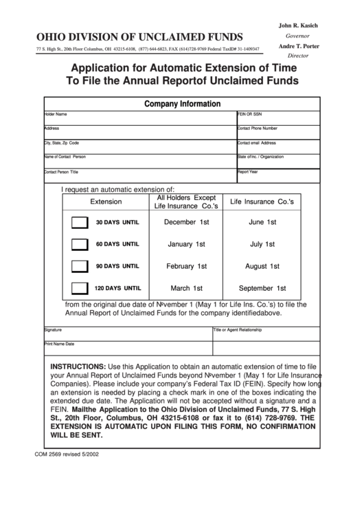 Form Com 2569 - Application For Automatic Extension Of Time To File The Annual Report Of Unclaimed Funds - Ohio Division Of Unclaimed Funds Printable pdf