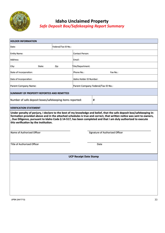 Fillable Form Upsk - Idaho Unclaimed Property - Safe Deposit Box/safekeeping Report Summary Printable pdf
