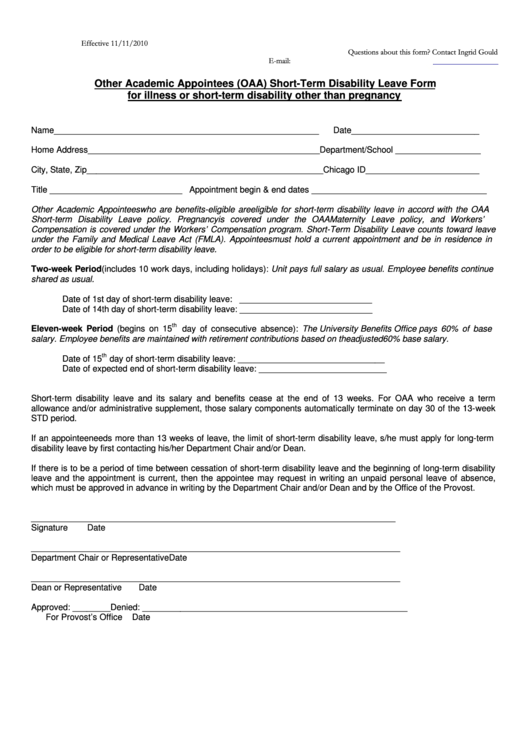 Other Academic Appointees (Oaa) Short-Term Disability Leave Form (Other Than Pregnancy) Printable pdf