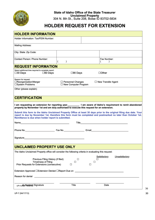 Fillable Form Up-7 - Holder Request For Extension - State Of Idaho Office Of The State Treasurer Printable pdf