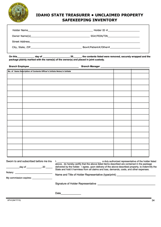 Fillable Form Up-6 - Holder Report Publisher - Idaho State Treasurer Printable pdf