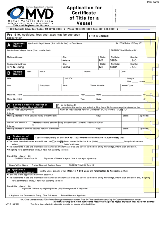 Fillable Form Mv1a - Montana Certificate Of Title For A Vessel Printable pdf
