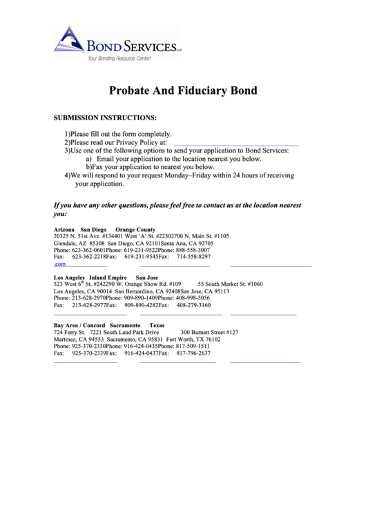 Fillable Probate & Fiduciary Bond Application Printable pdf