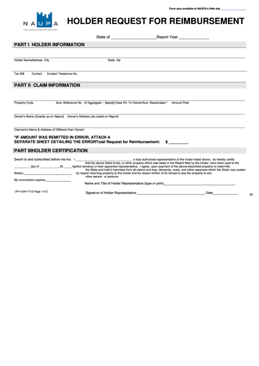 Fillable Form Up-4 - Holder Request For Reimbursement Printable pdf
