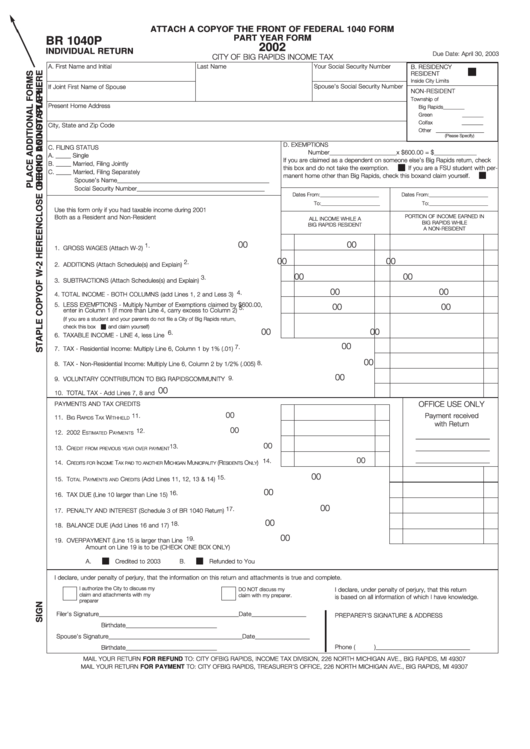 Form Br 1040p - Individual Return - City Of Big Rapids Income Tax - 2002 Printable pdf
