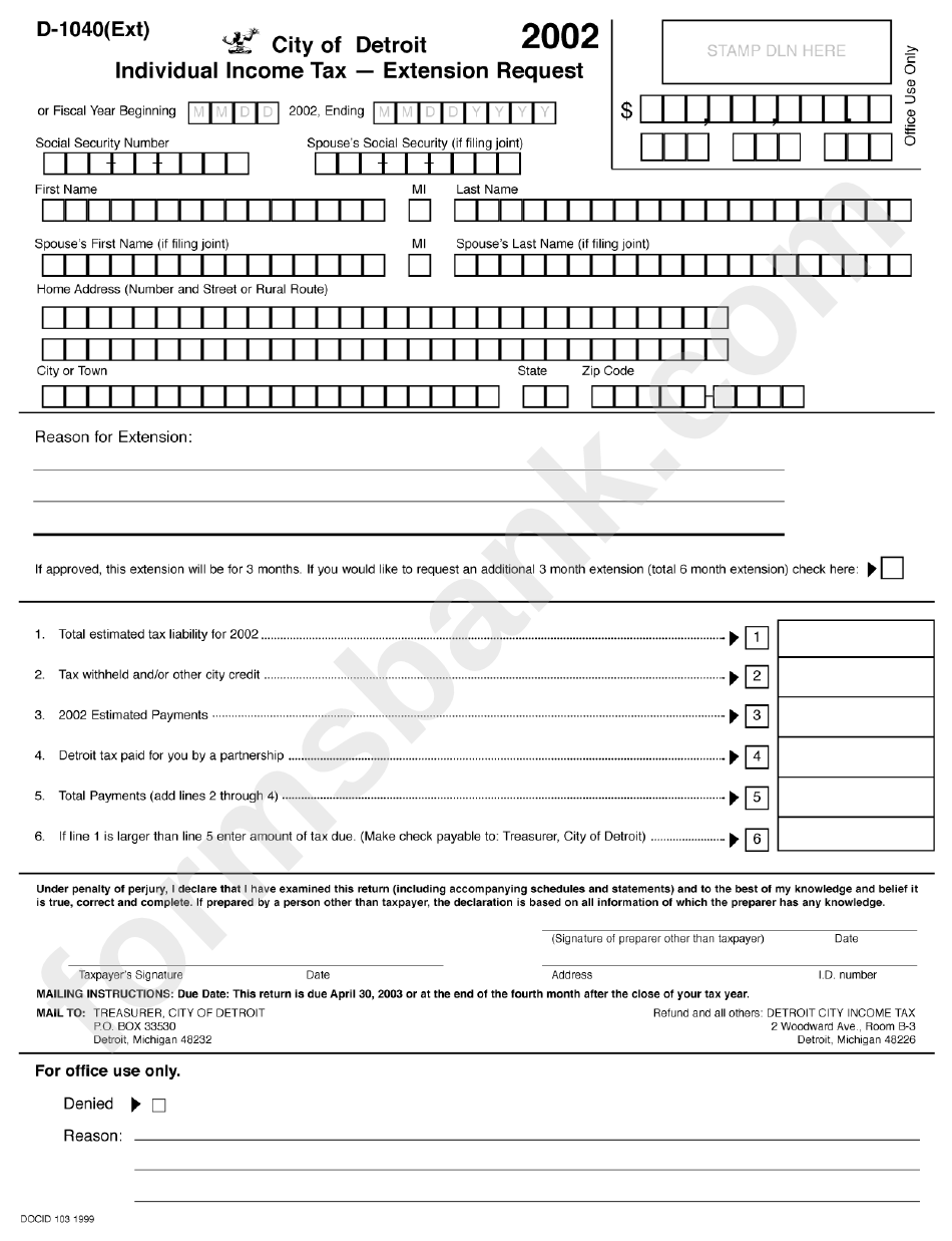 Form D-1040(Ext) - Individual Income Tax - Extension Request City Of Detroit - 2002