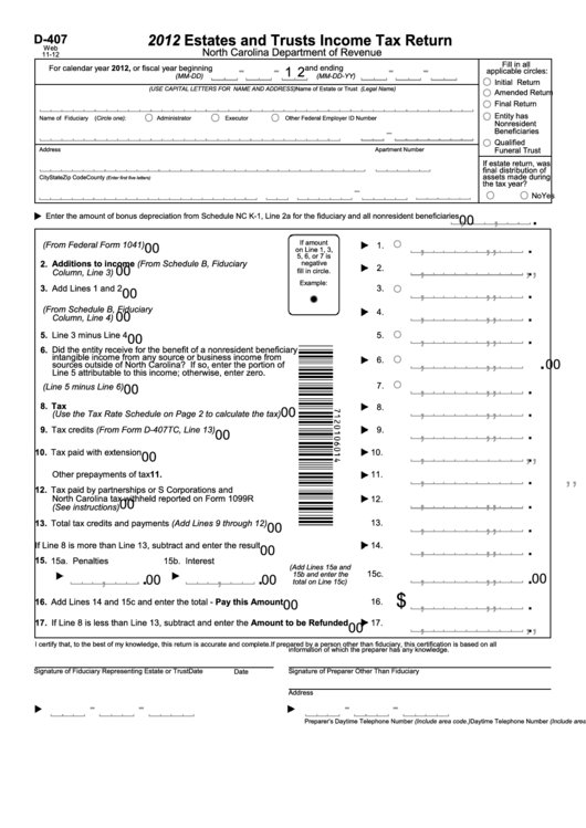 Form D-407 Web - Estates And Trusts Income Tax Return - 2012 Printable pdf