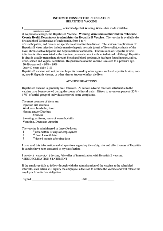 Informed Consent For Inoculation - Hepatitis B Vaccine Printable pdf