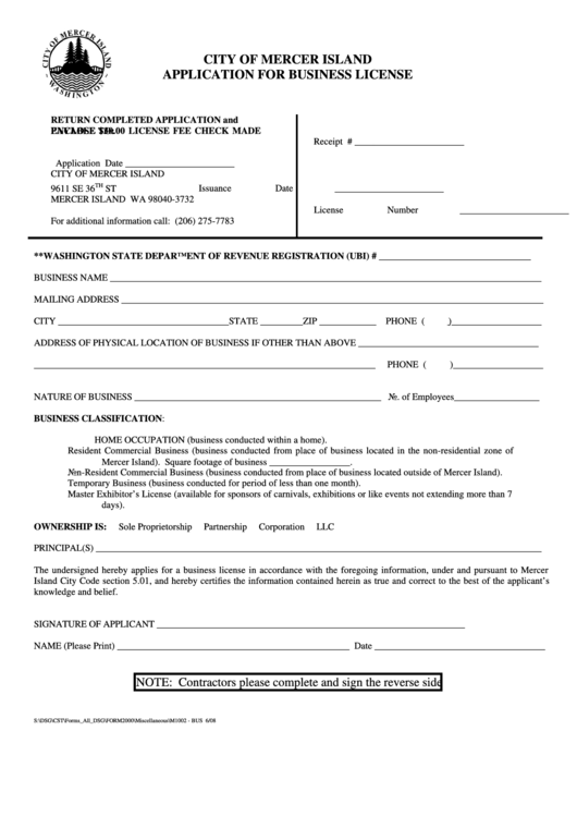 Application For Business License - City Of Mercer Island Printable pdf