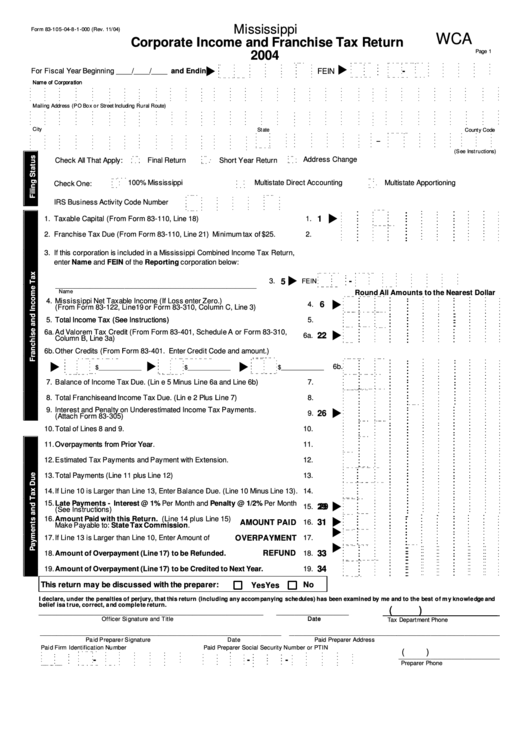 Form 83-105-04-8-1-000 - Mississippi Corporate Income And Franchise Tax Return - 2004 Printable pdf