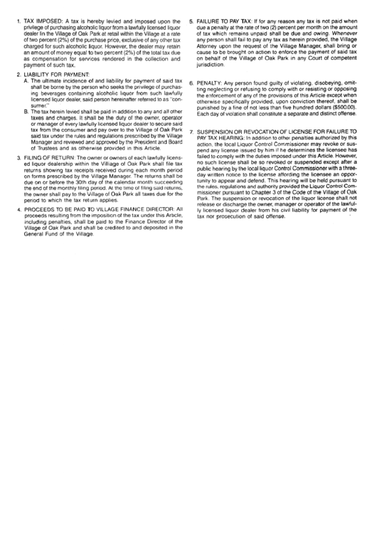 Instructions For Tax Return - Village Of Oak Park, Illinois Printable pdf