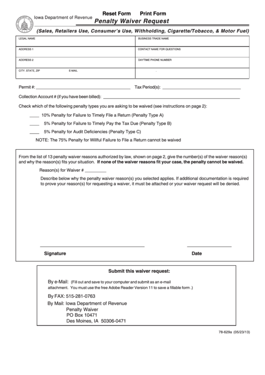 Fillable Form 78-629a - Penalty Waiver Request - Iowa Department Of Revenue Printable pdf