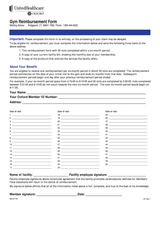 Gym Reimbursement Form Printable pdf