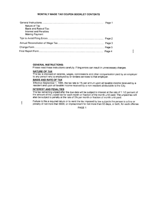 Monthly Wage Tax Coupon Booklet - City Of Wapakoneta,ohio Printable pdf