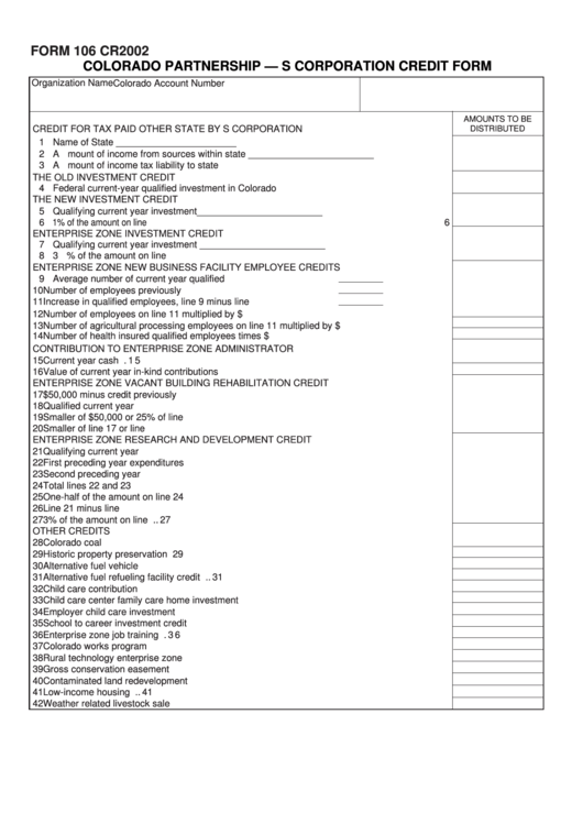 Form 106 Cr - Colorado Partnership - S Corporation Credit Form - 2002 Printable pdf