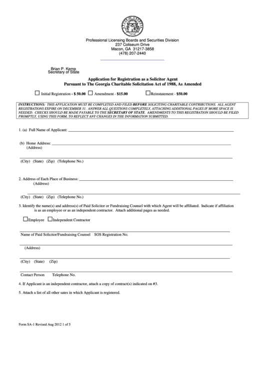Form Sa-1 - Application For Registration As A Solicitor Agent - State Of Georgia Printable pdf