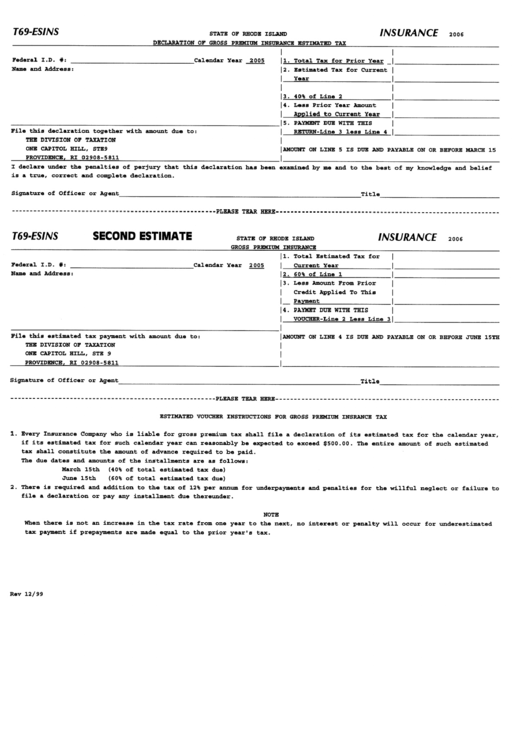 Form T69-Esins - Declaration Of Gross Premium Insurance Estimated Tax - State Of Rhode Island - 2006 Printable pdf