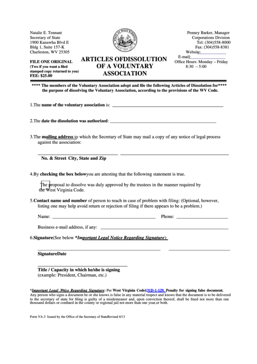 Fillable Form Va-3 - Articles Of Dissolution Of A Voluntary Association - West Virginia Secretary Of State Printable pdf