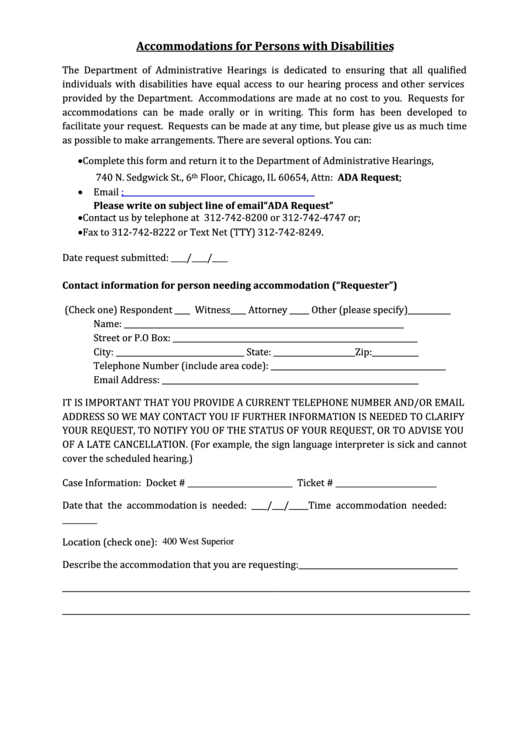 Fillable Accommodations For Persons With Disabilities - State Of Illinois Printable pdf