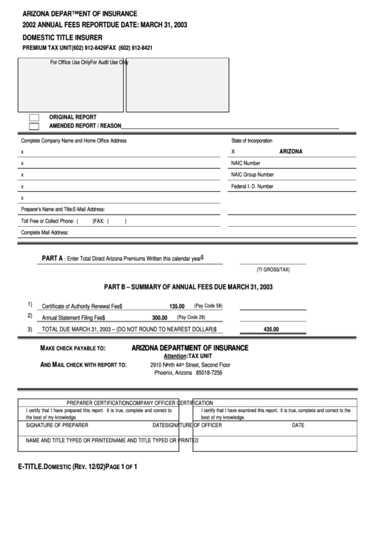 Fillable Form E-Title.domestic - Annual Fees Report Domestic Title Insurer - 2002 Printable pdf