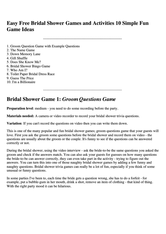 Bridal Shower Games Printable pdf