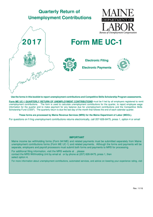 Instructions For Form Me Uc-1 - Quarterly Return Of Unemployment Contributions - 2017
